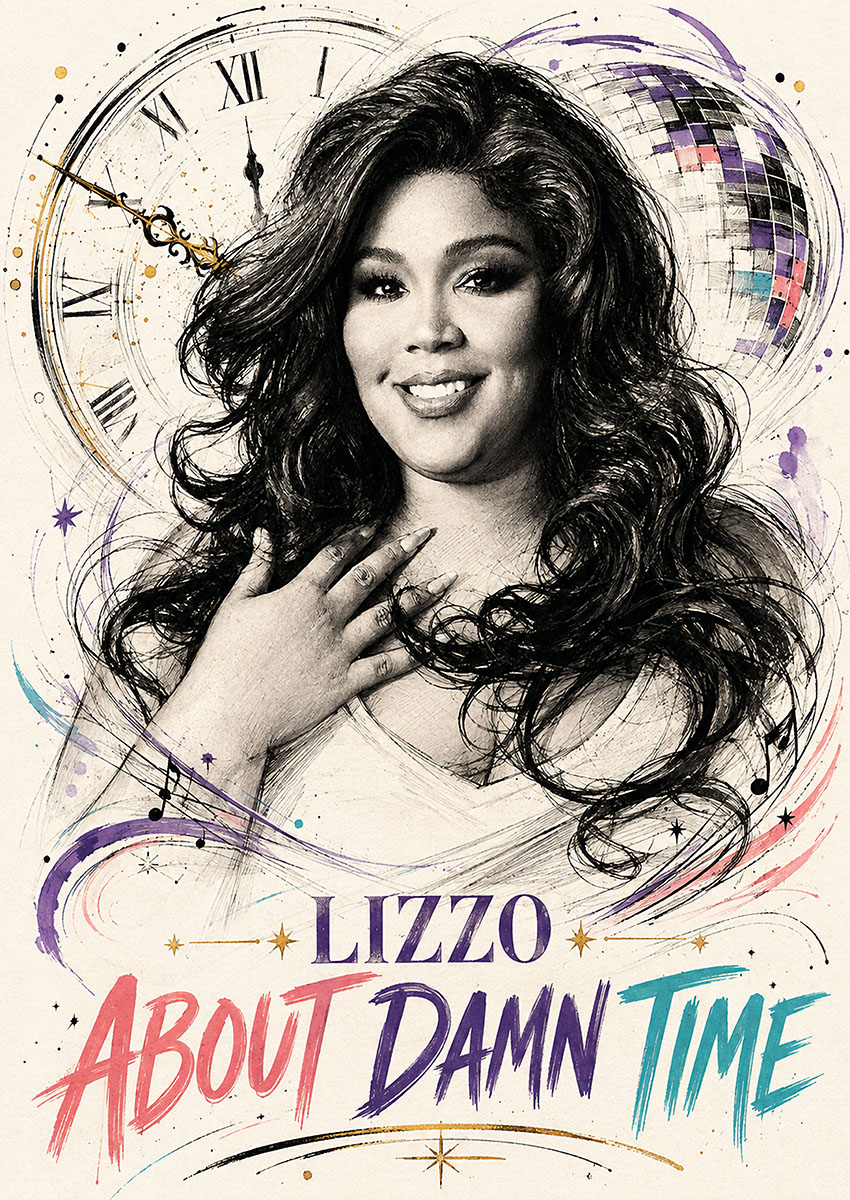 Detailed portrait illustration of Lizzo with a clock and disco ball background, titled About Damn Time
